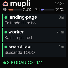 Tela do Mupli com sessões em atividade e limites de uso